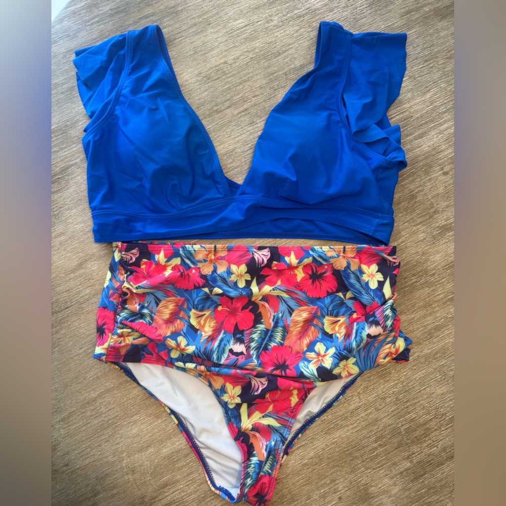 Floral Bikini Set with Blue Bottoms